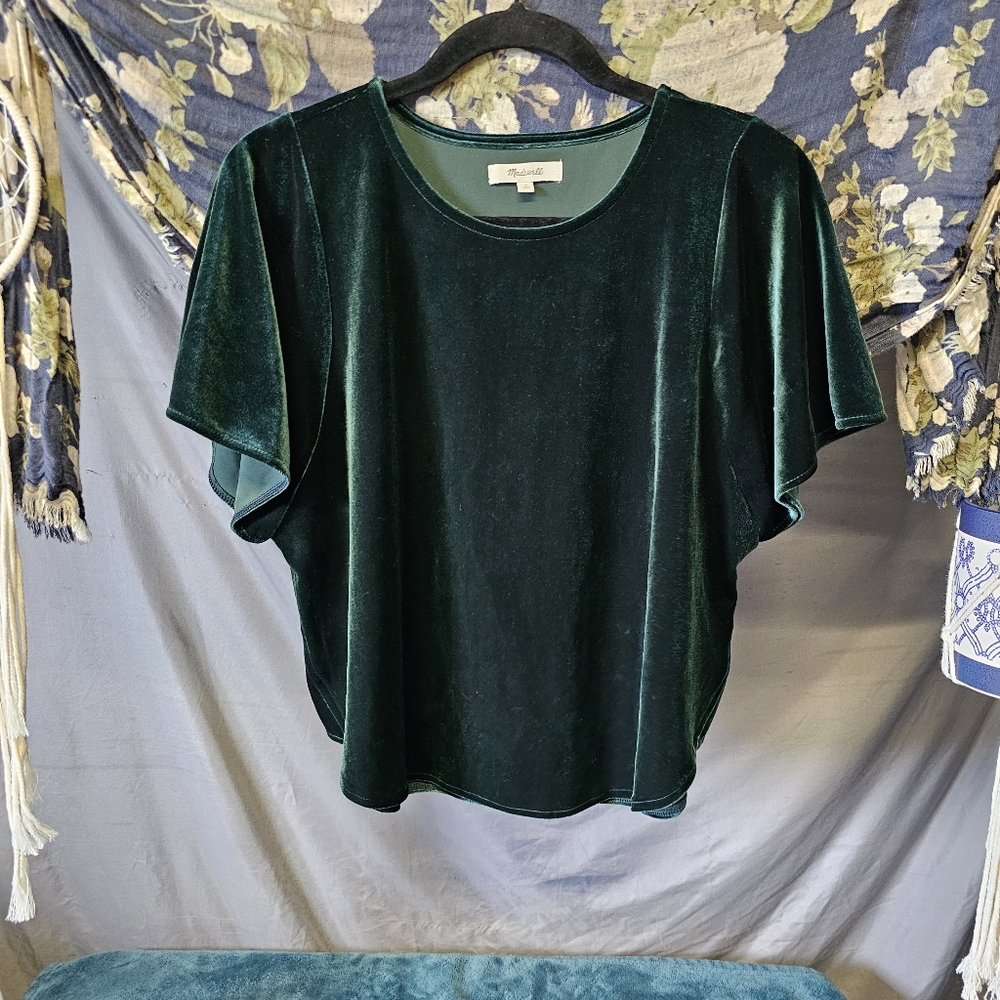 Madewell | Emerald Green Velvet Flutter Sleeve Blouse size Small